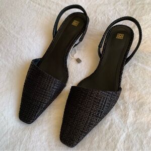 NWT Toteme Raffia Woven 35mm Pointy Toe Slingback Mules Kitten Heels Black